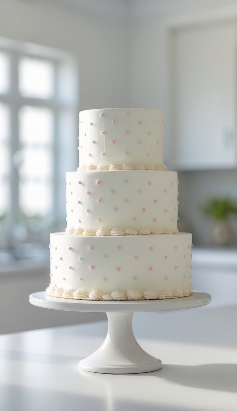 Two-tier cake with white frosting and colored polka dots on a cake stand in a bright home kitchen.