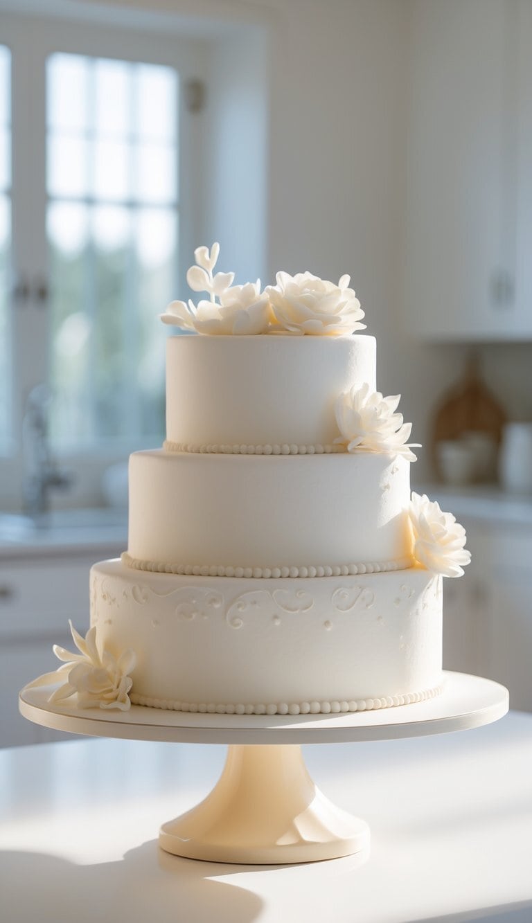 A cake with one to three tiers decorated with smooth frosting and edible decorations, placed on a cake stand in a bright home kitchen.