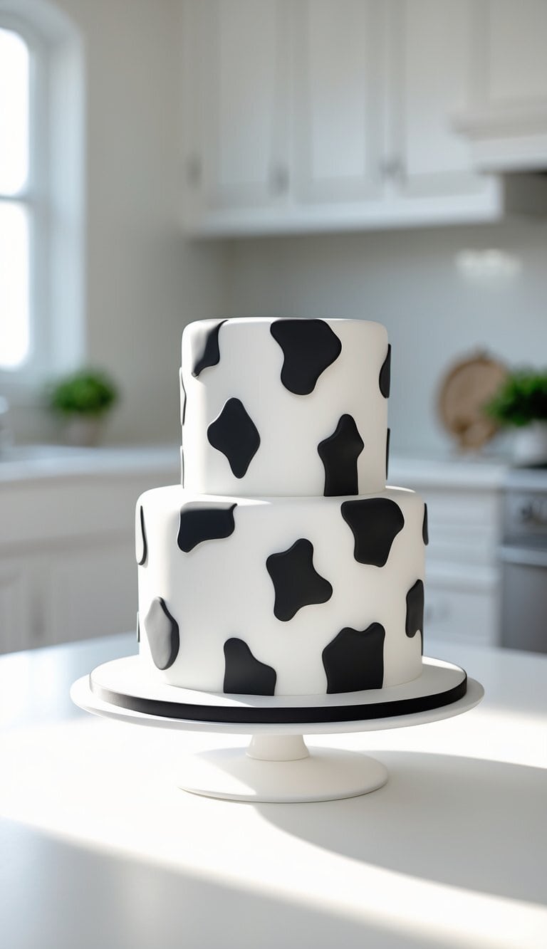 A two-tier cake with black and white spotted cow print on a cake stand in a bright home kitchen.