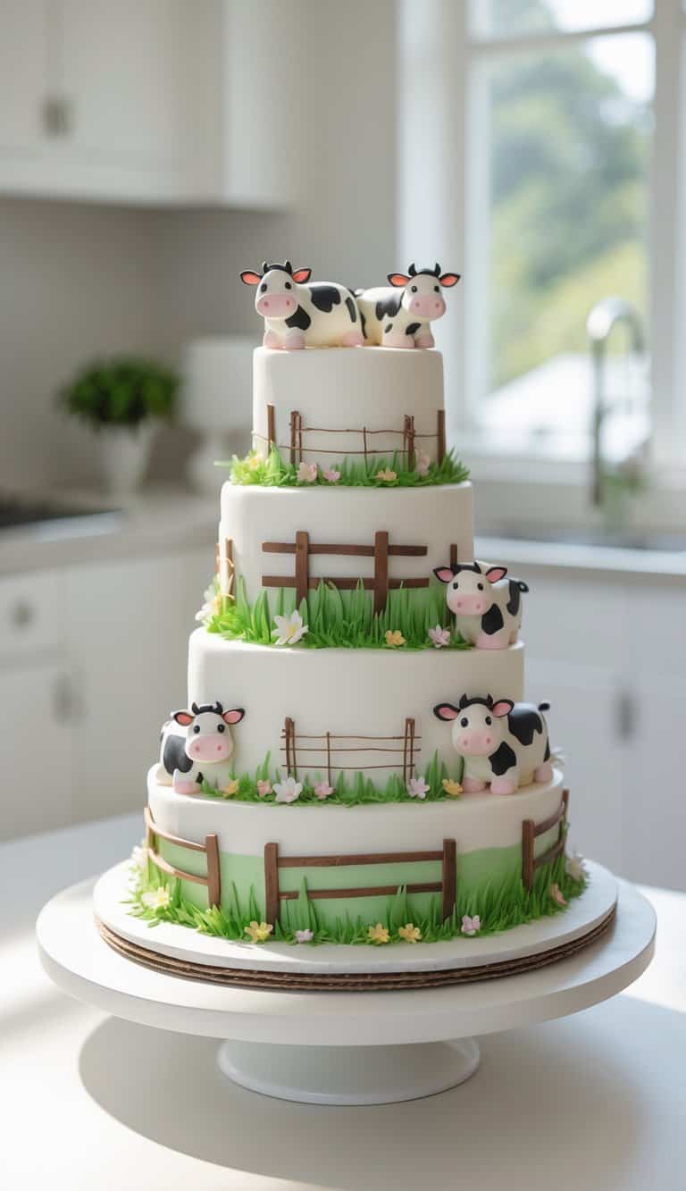 A three-tier birthday cake decorated with multiple fondant cows and farmyard elements on a white cake stand in a bright home kitchen.