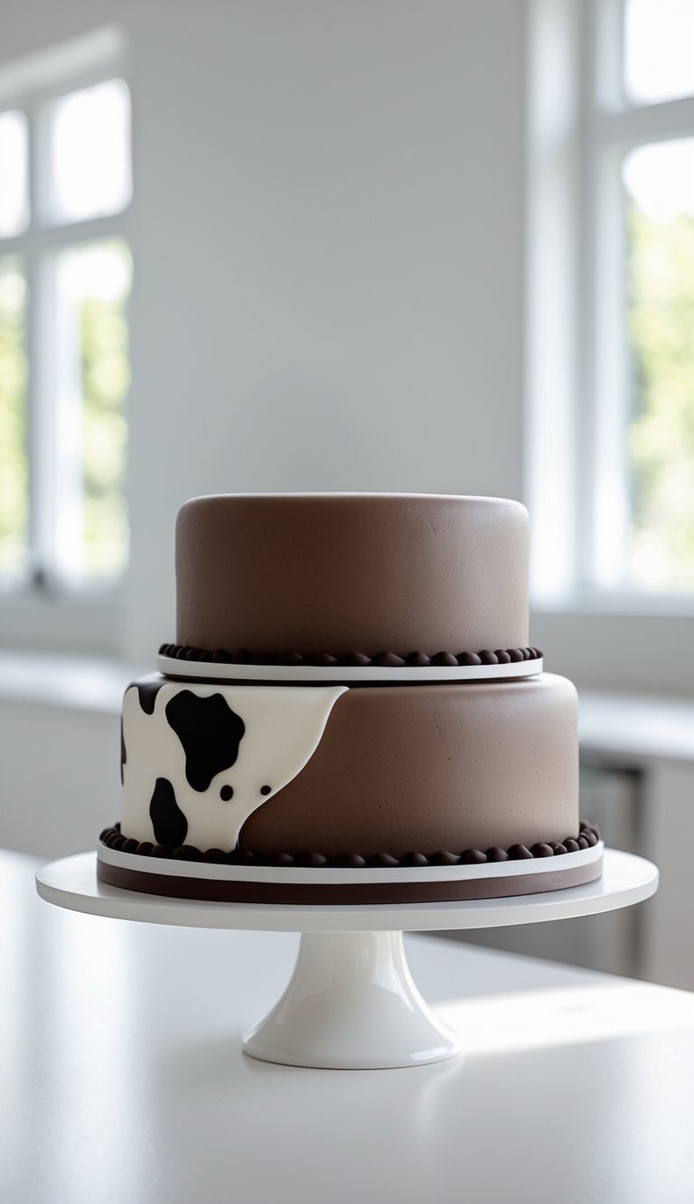 A two-tier chocolate cake with black and white cow print icing on a white cake stand in a bright home kitchen.