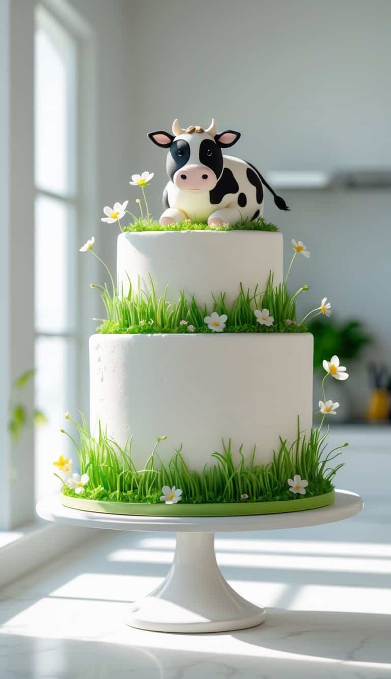 A two-tier cow-themed cake decorated with edible grass and flowers on a white cake stand in a bright home kitchen.