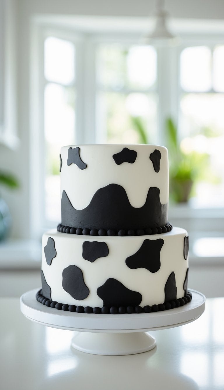 Two-tier black and white cow stripe cake on a white cake stand in a bright home kitchen.
