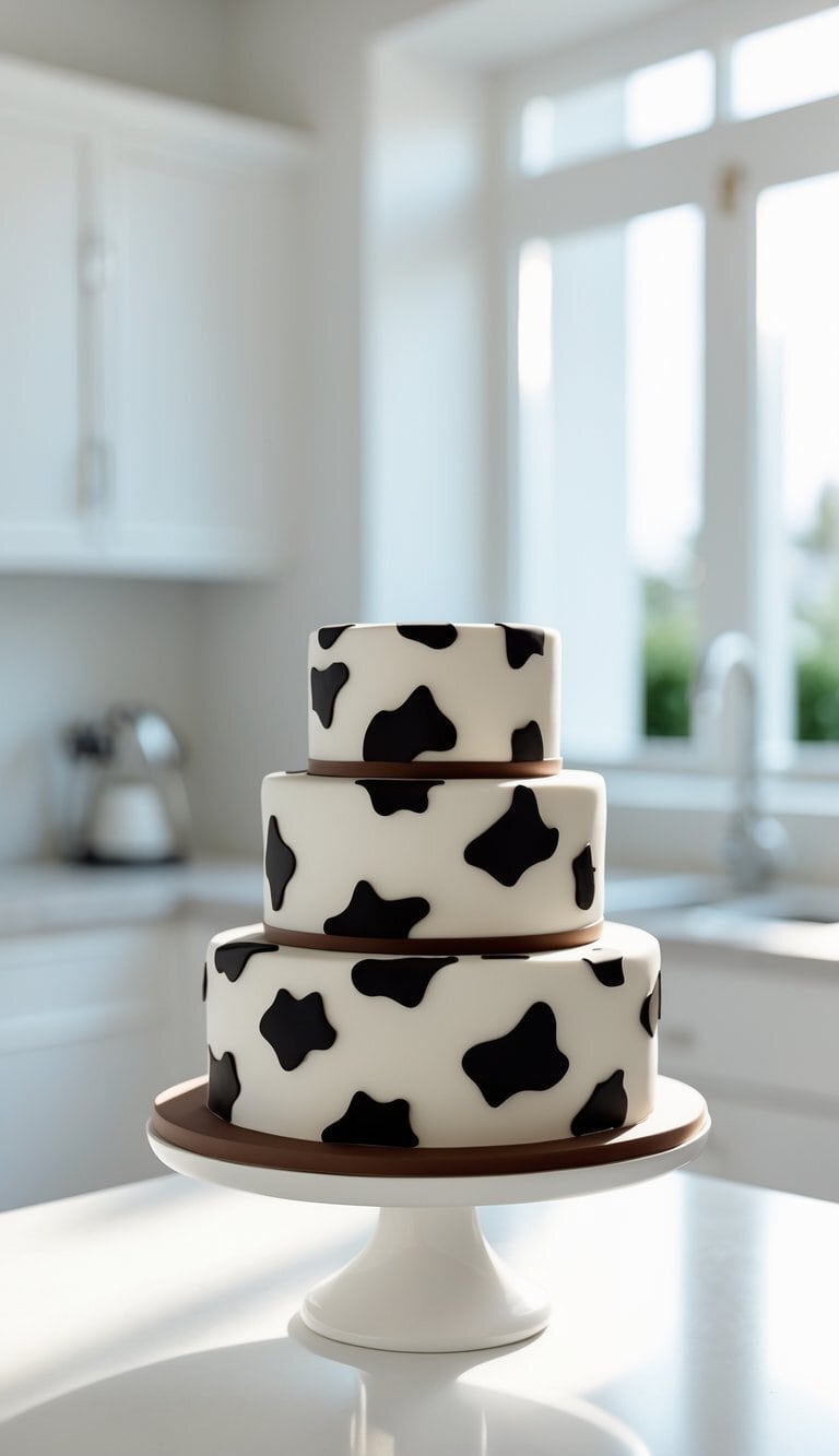 A two-tier chocolate cake with black and white cow print fondant on a white cake stand in a bright home kitchen.