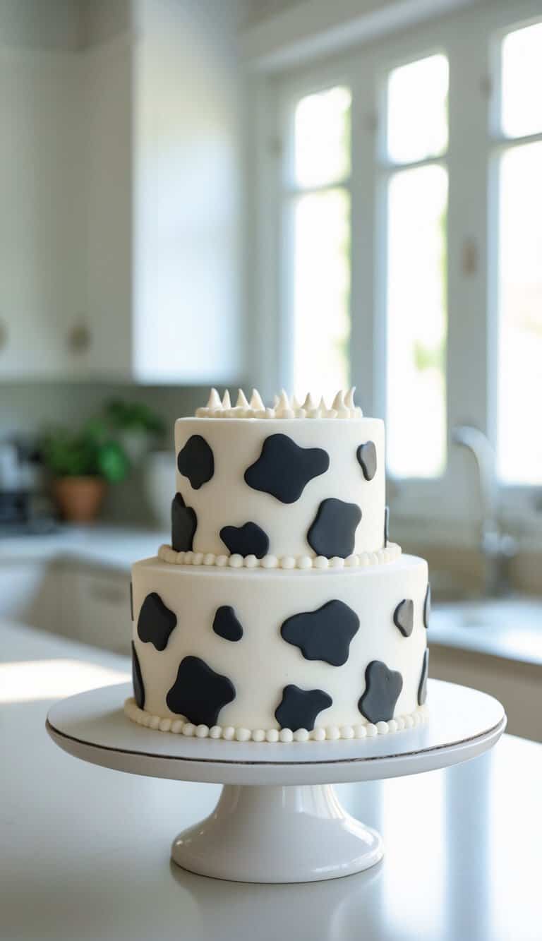 Two-tier cake with black and white cow spots on a cake stand in a bright home kitchen.