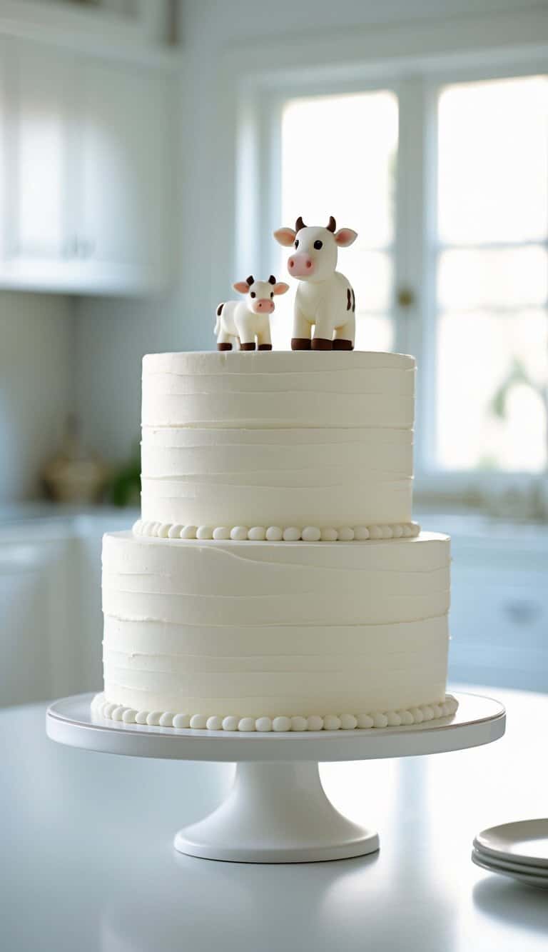 Two-tier cake with cow and calf figures on top, displayed on a cake stand in a bright home kitchen.