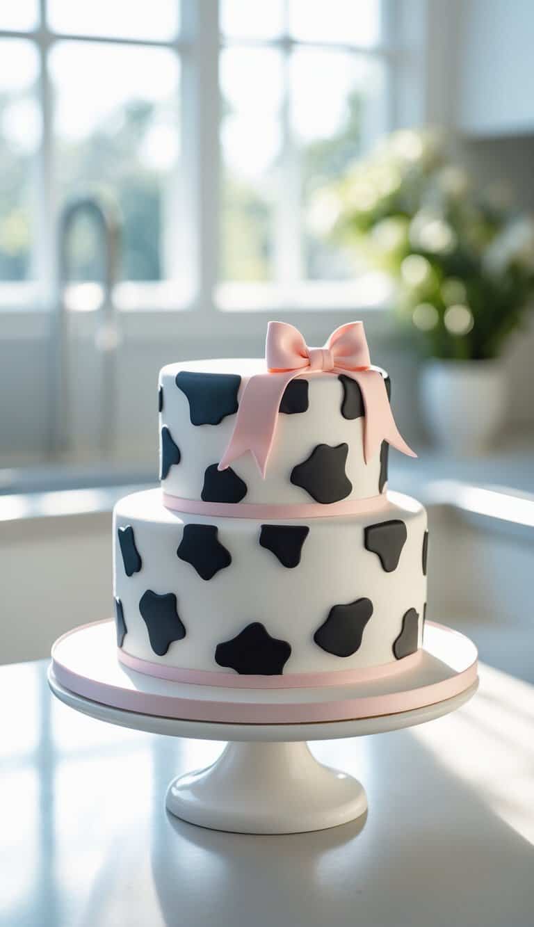 Two-tier cow print cake with a pink bow on a white cake stand in a bright home kitchen.