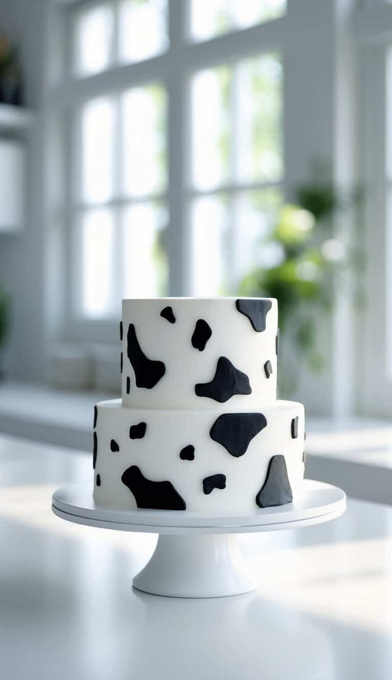 Two-tier cake with black and white cow print pattern on a cake stand in a bright kitchen.