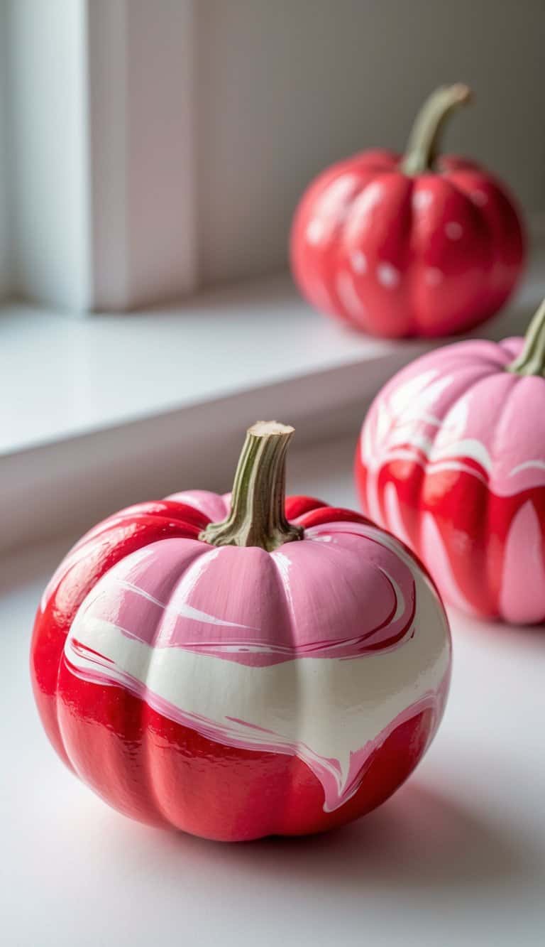 Close-up of one to two pumpkins painted with a red and white strawberry swirl design, placed on a clean tabletop.