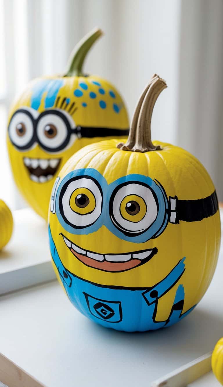 One to two pumpkins painted with silly Minion faces, placed on a tabletop with a clean background.