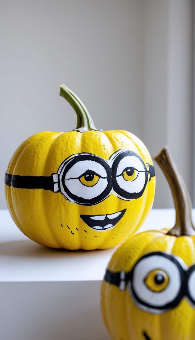 One or two pumpkins painted to look like Minions with yellow paint and black goggle straps, displayed on a tabletop.