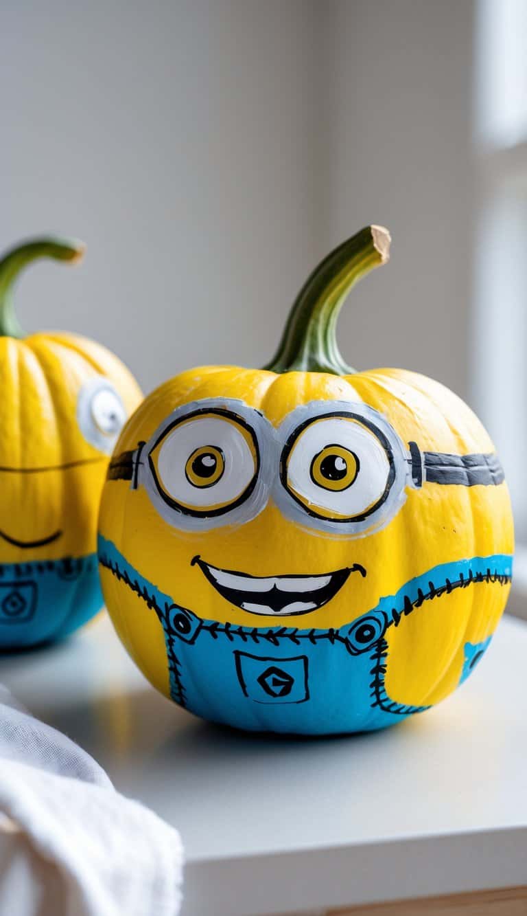 One to two painted pumpkins on a table, decorated with minion-inspired designs featuring buttons and stitching details.