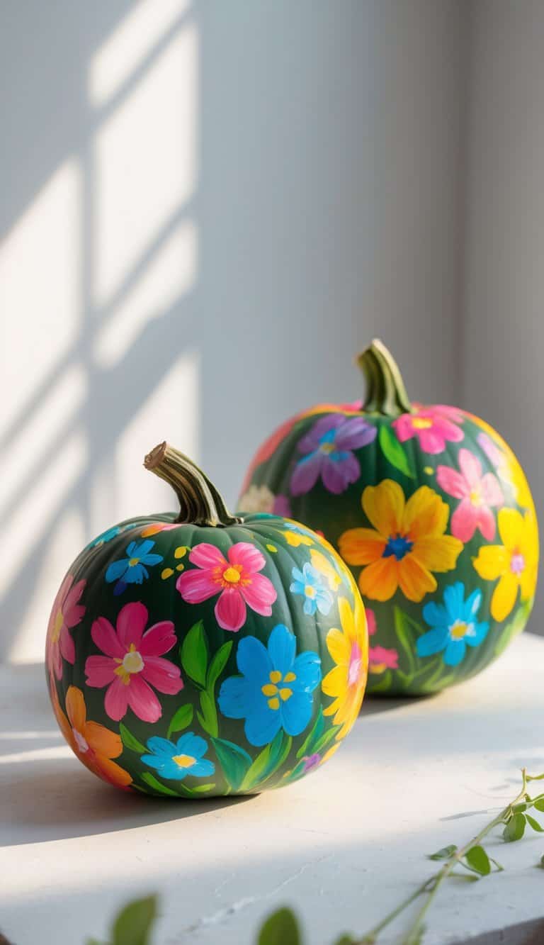 One to two pumpkins painted with colorful flower designs placed on a tabletop with soft natural light.