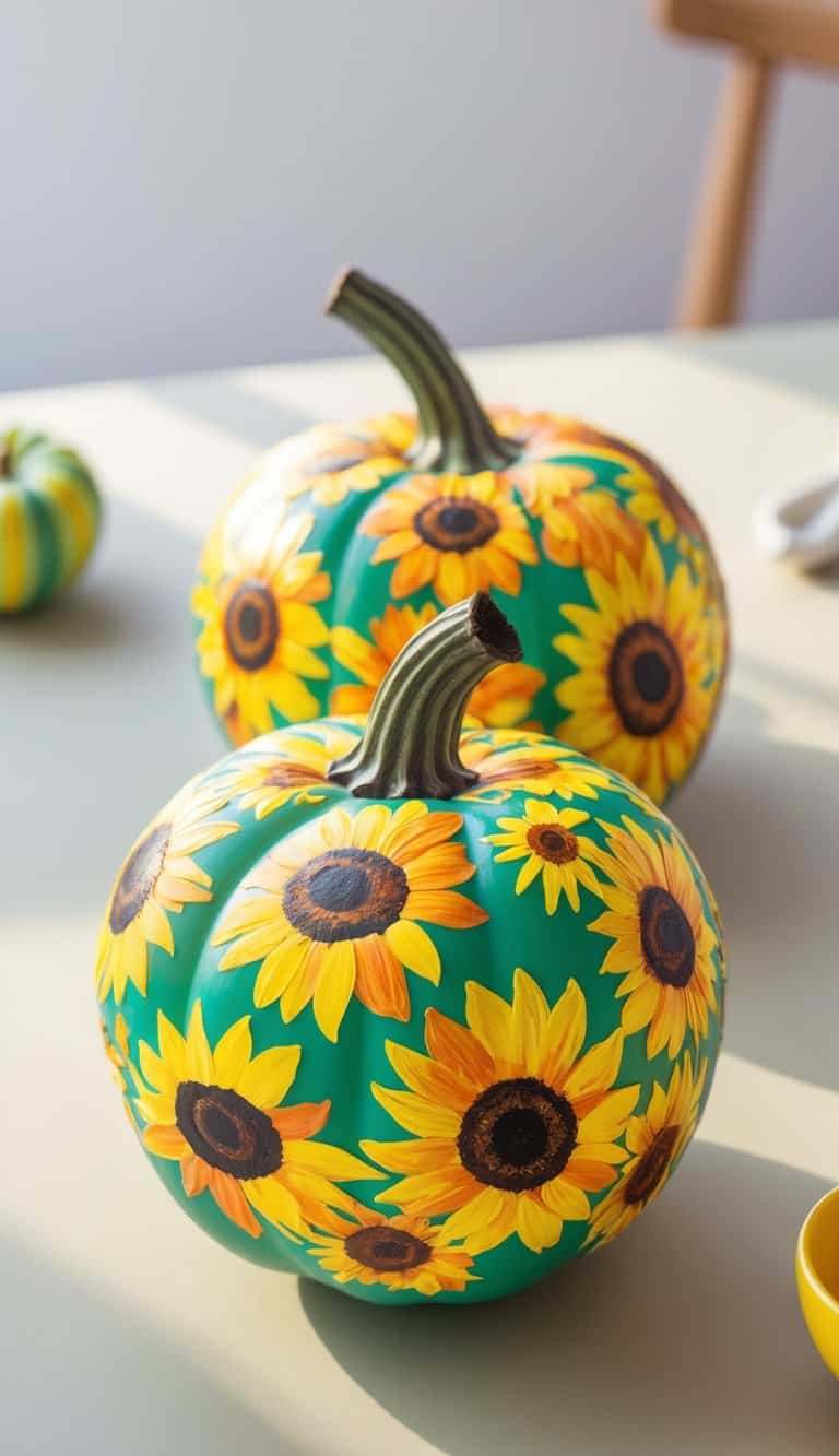 Close-up of one to two pumpkins painted with sunflower patterns on a tabletop.