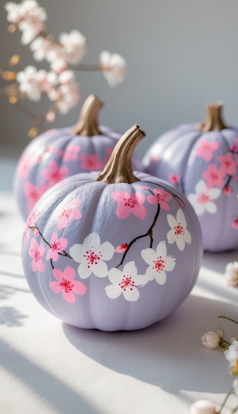 Close-up of one or two soft lavender pumpkins painted with cherry blossom flowers on a clean tabletop.