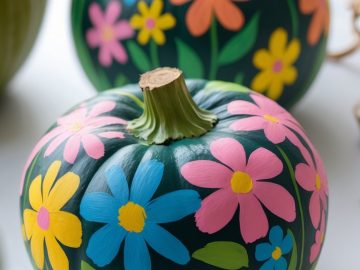 Two dark green pumpkins are decorated with brightly painted flowers in pink, blue, yellow, and orange, arranged on a white surface with soft natural light coming from a nearby window.