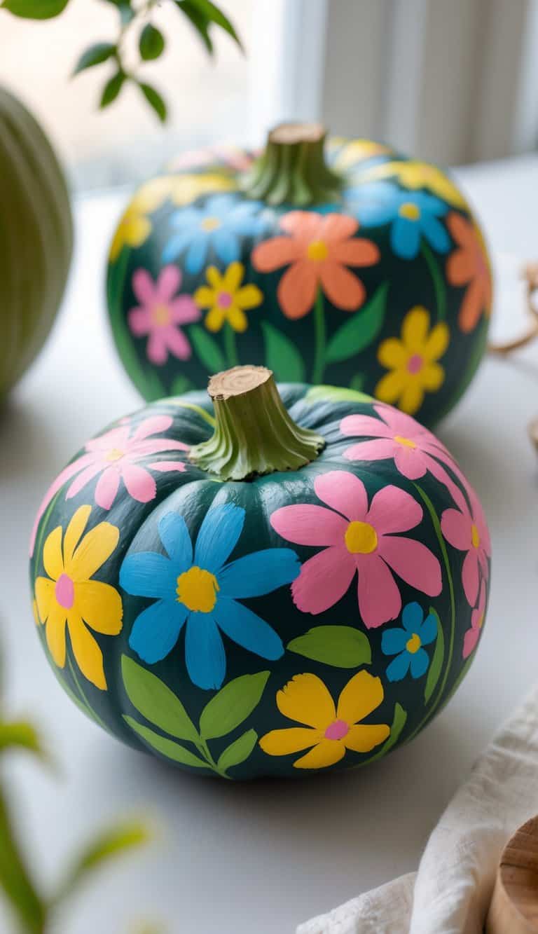 Close-up of one or two pumpkins painted with colorful wildflower silhouettes on a clean tabletop.