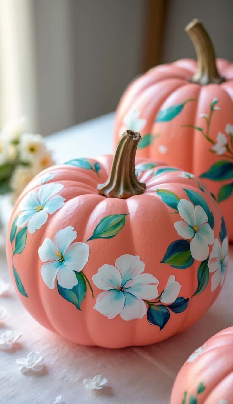 Close-up of one or two coral pumpkins painted with soft white gardenia flowers on a simple tabletop.