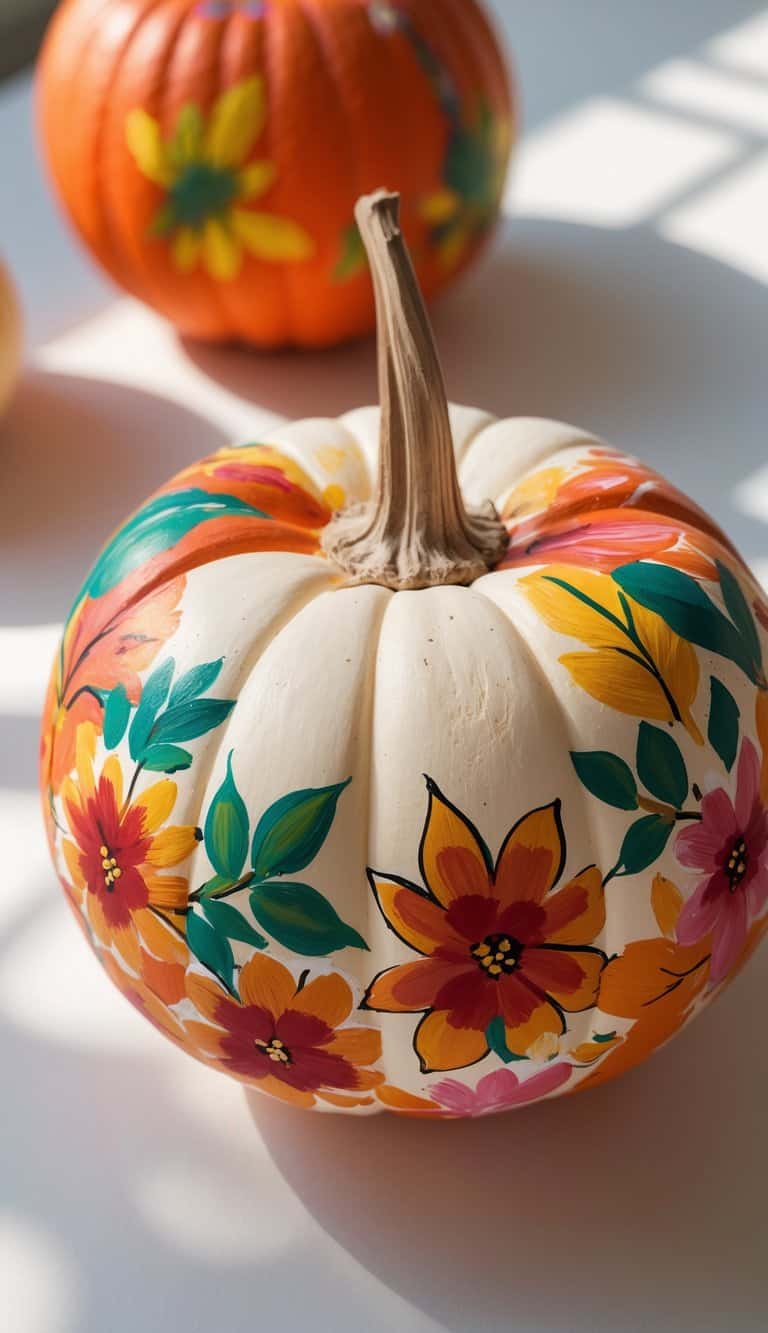 Close-up of one to two pumpkins on a tabletop, one decorated with a painted wreath of autumn leaves and flowers.