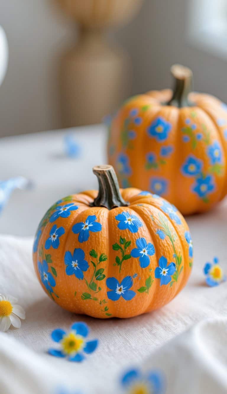Close-up of one or two small pumpkins painted with tiny blue forget-me-not flowers, sitting on a tabletop.