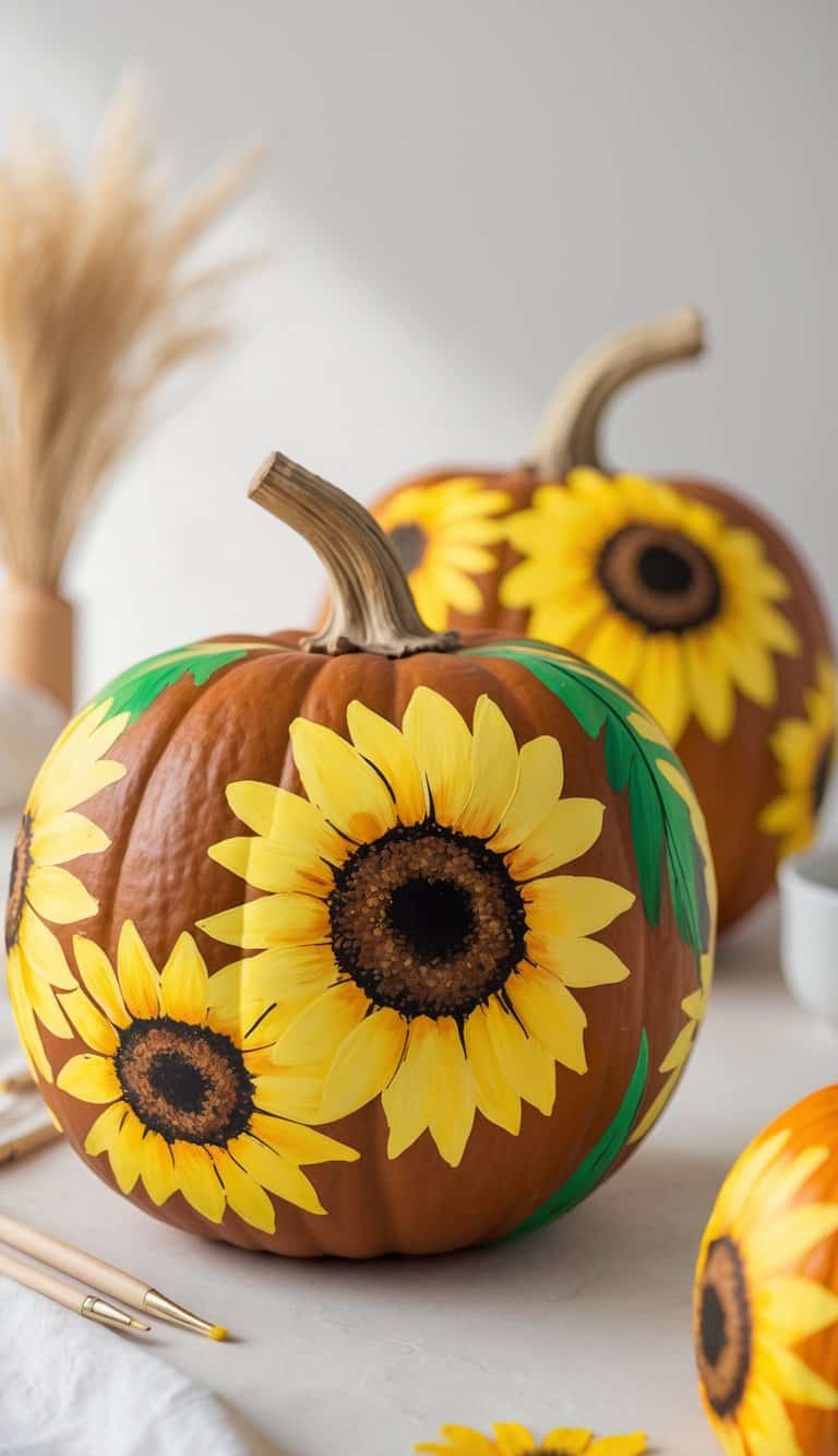 Close-up of one to two pumpkins painted with bright sunflower faces on a clean tabletop.