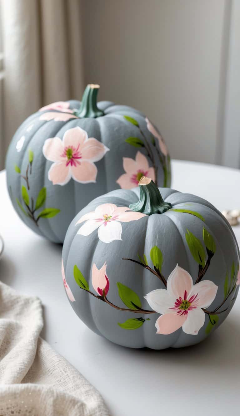 Close-up image of one to two gray pumpkins painted with colorful magnolia flowers on a simple tabletop.