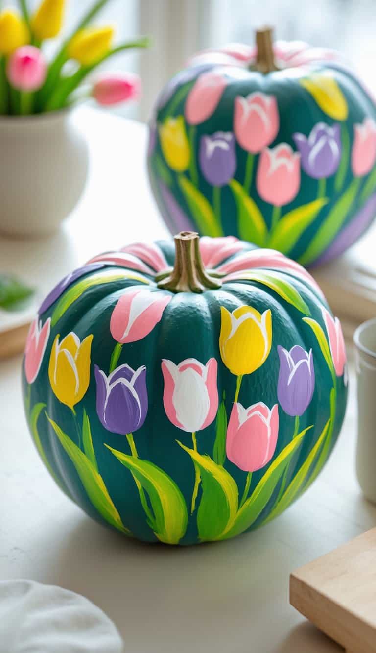 One to two pumpkins painted with colorful tulip bouquets placed on a table.