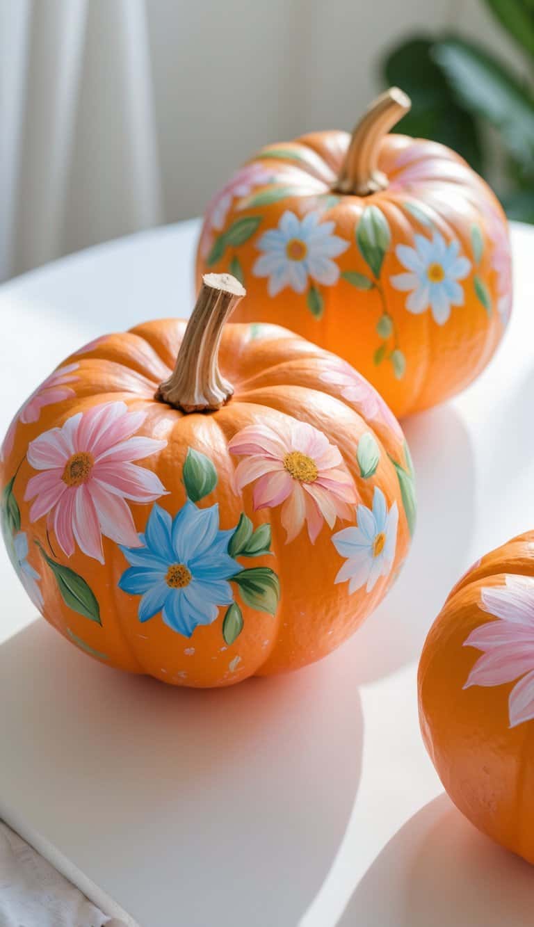 Close-up of one to two orange pumpkins painted with detailed dahlia flower designs on a tabletop.