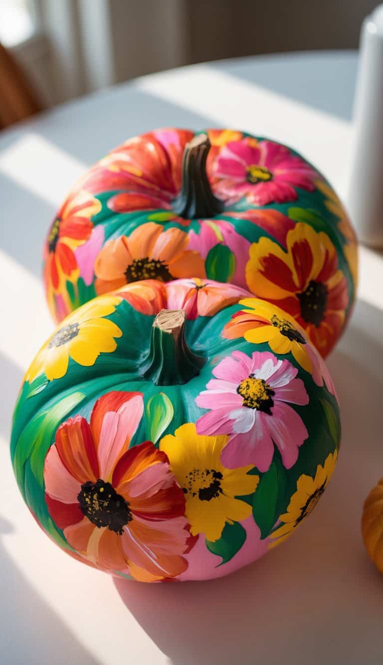 One or two pumpkins painted with colorful zinnia flower patterns sitting on a clean tabletop.