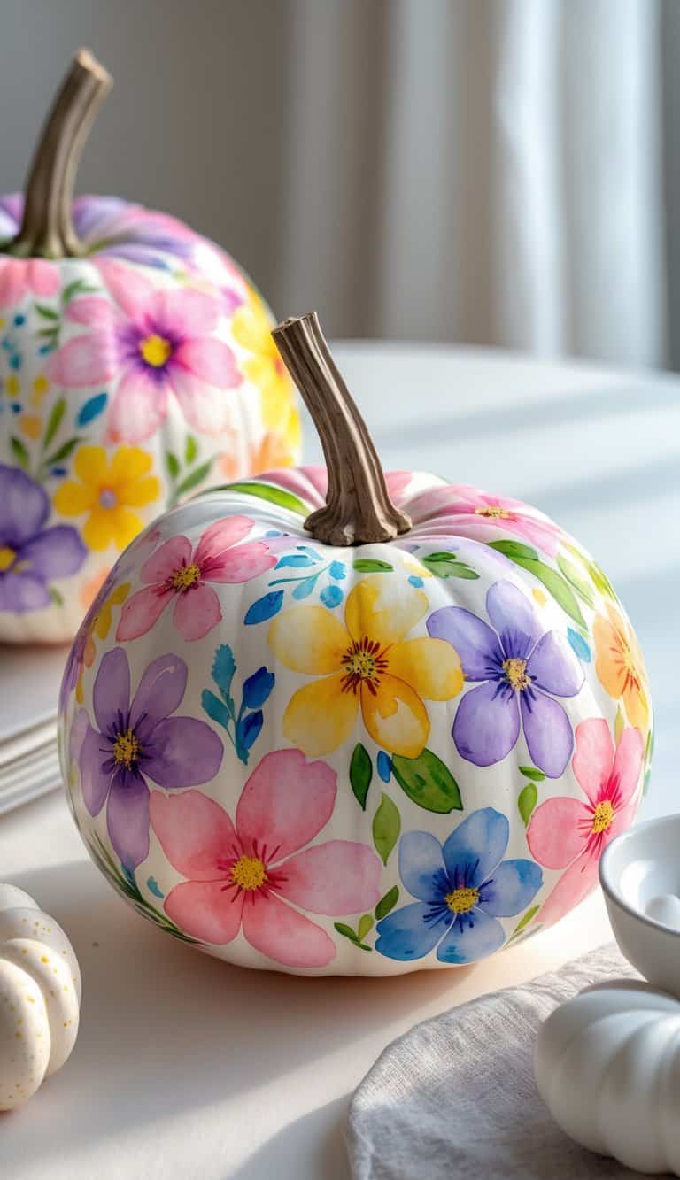 Close-up of one to two pumpkins painted with colorful floral designs on a clean tabletop.
