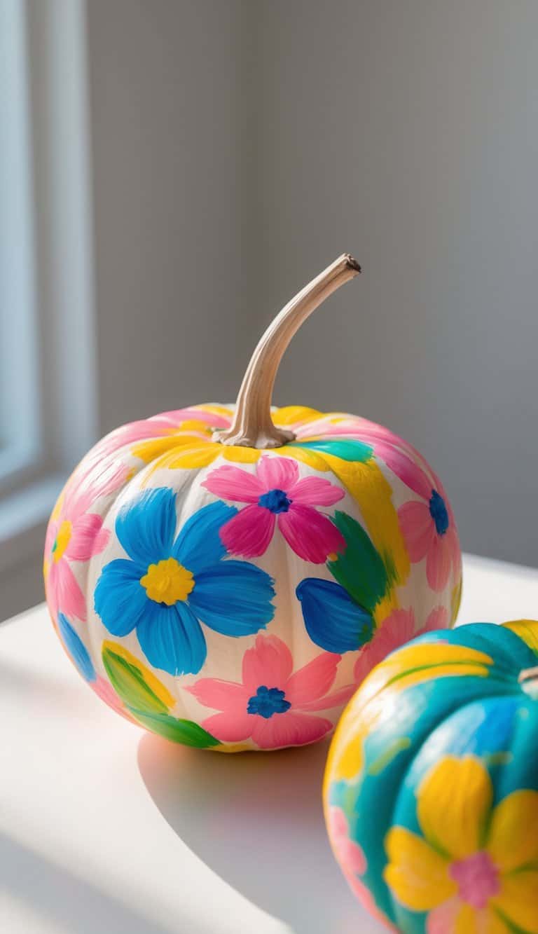 Close-up of one or two pumpkins painted with colorful abstract floral patterns on a clean tabletop.