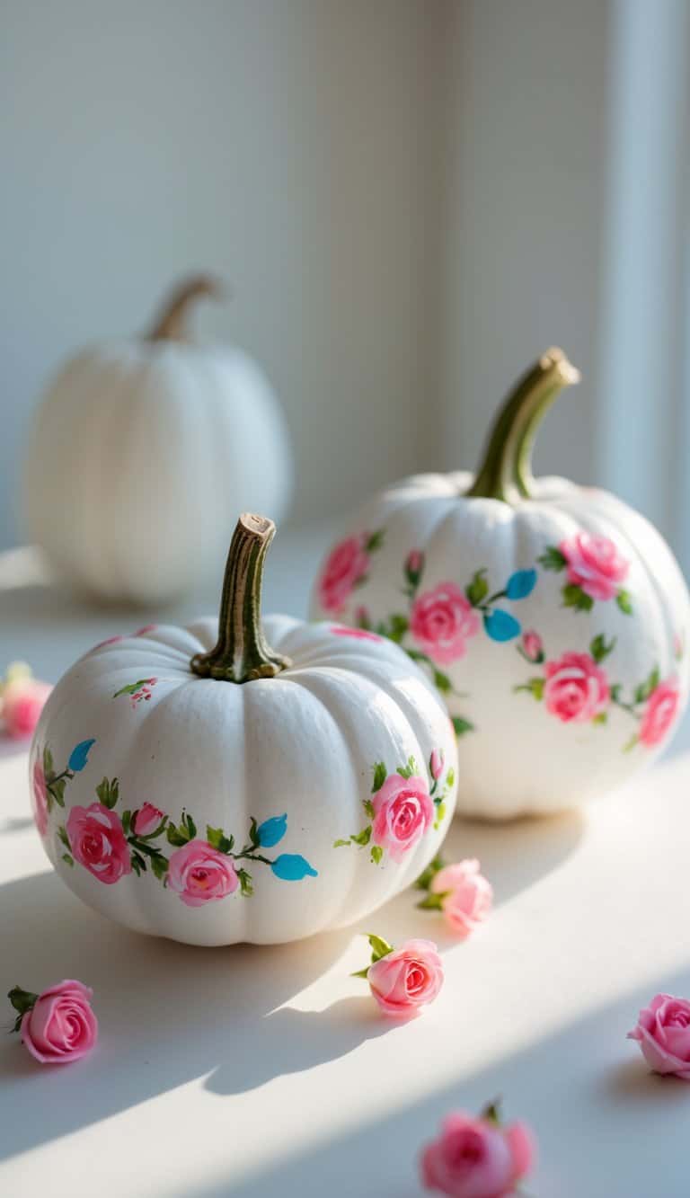 Close-up of one or two small white pumpkins painted with tiny rosebud designs on a clean tabletop.