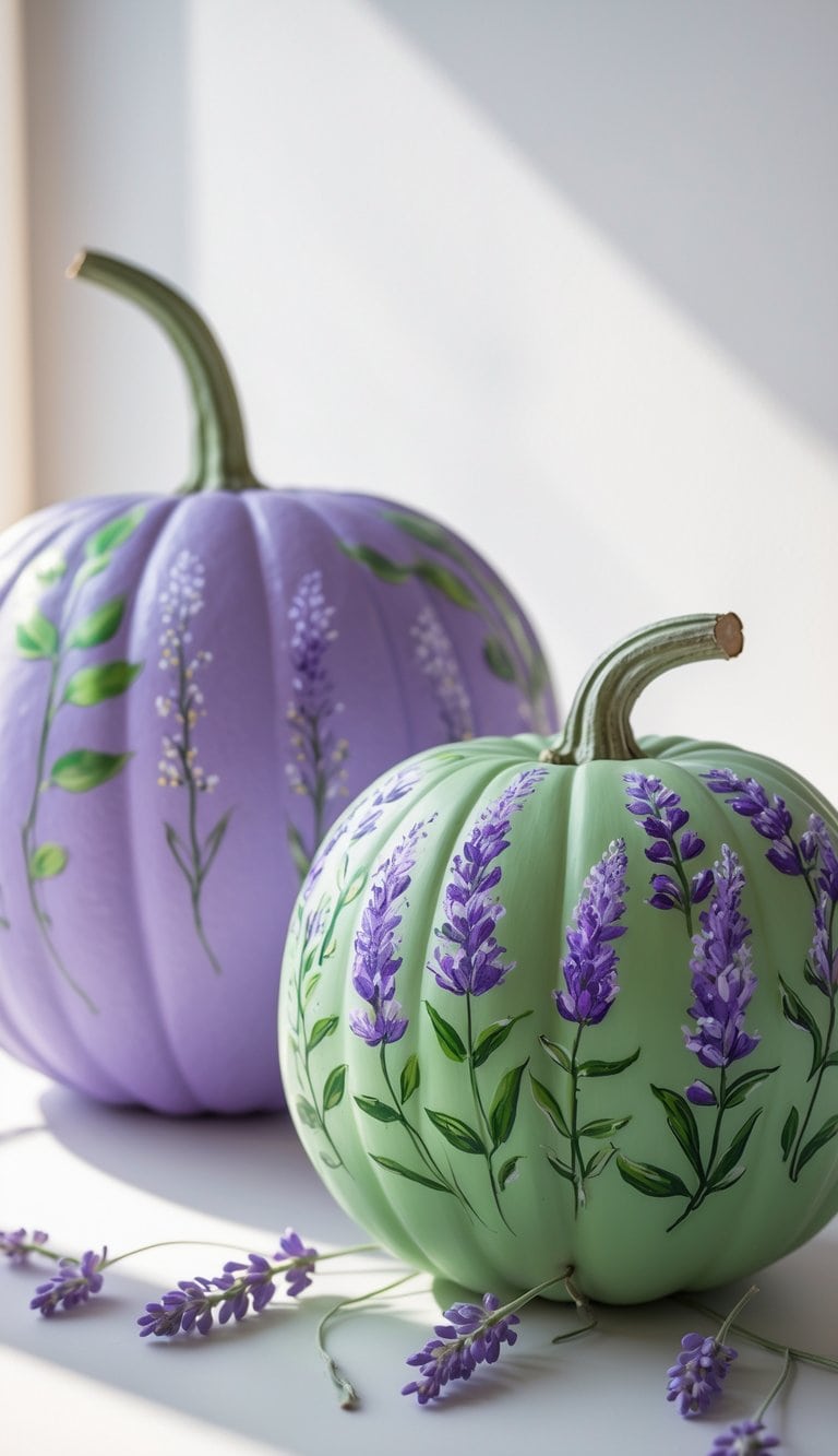 Close-up of one to two pumpkins painted with detailed lavender flower designs on a clean tabletop.