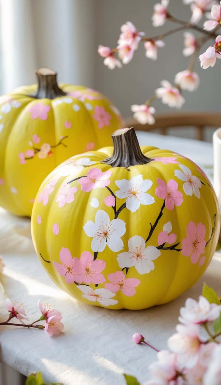 One to two bright yellow pumpkins painted with delicate cherry blossom flowers on a tabletop.