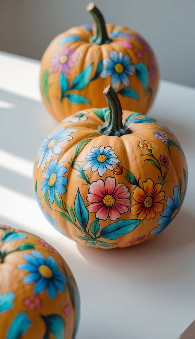 One to two pumpkins on a tabletop painted with colorful wildflower designs.