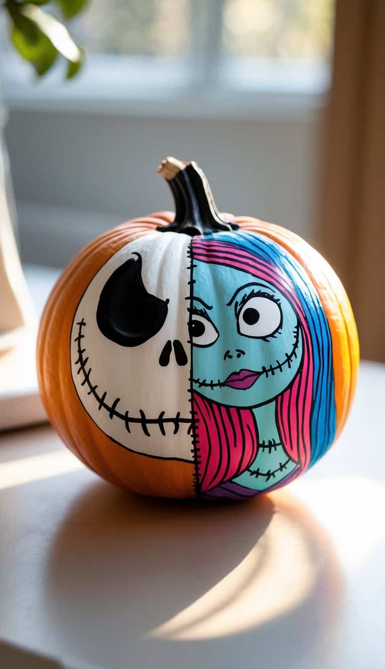 A close-up of a single pumpkin painted half as Jack Skellington and half as Sally from The Nightmare Before Christmas, sitting on a tabletop with soft daylight.