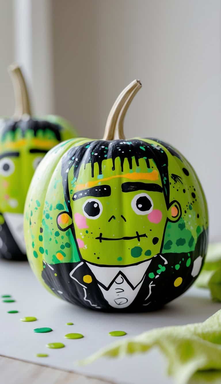 Close-up of one or two pumpkins painted with black and green splatter paint in a Frankenstein-themed design on a tabletop.