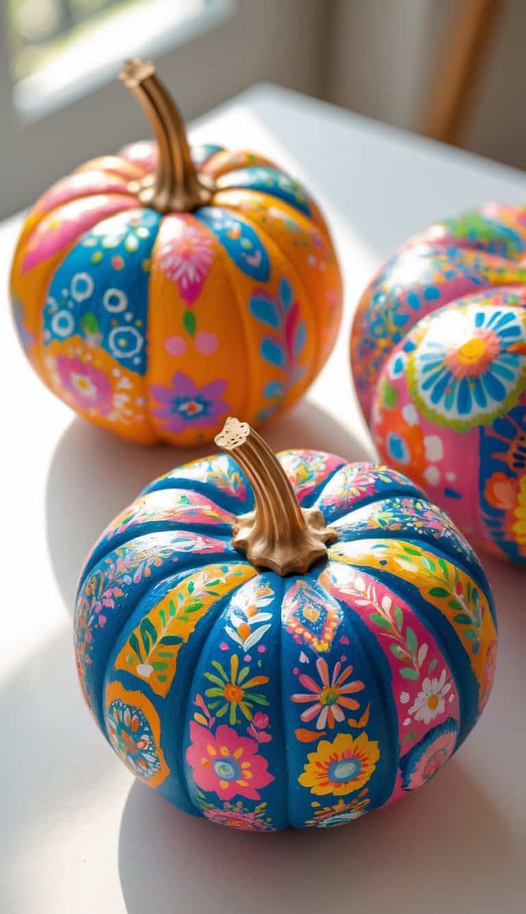 One to two painted pumpkins with colorful patterns arranged on a clean tabletop under soft daylight.