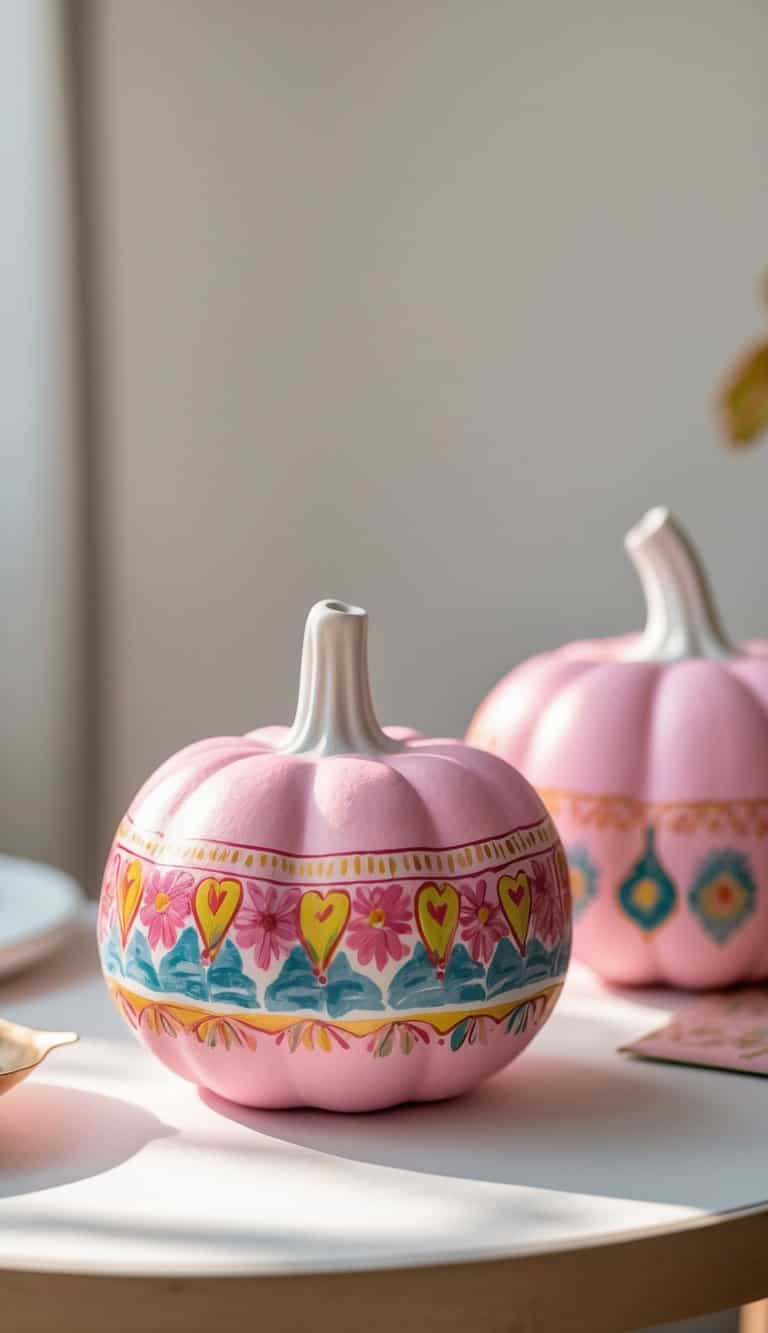 Close-up of one to two pink ceramic pumpkins with colorful painted designs on a clean tabletop.