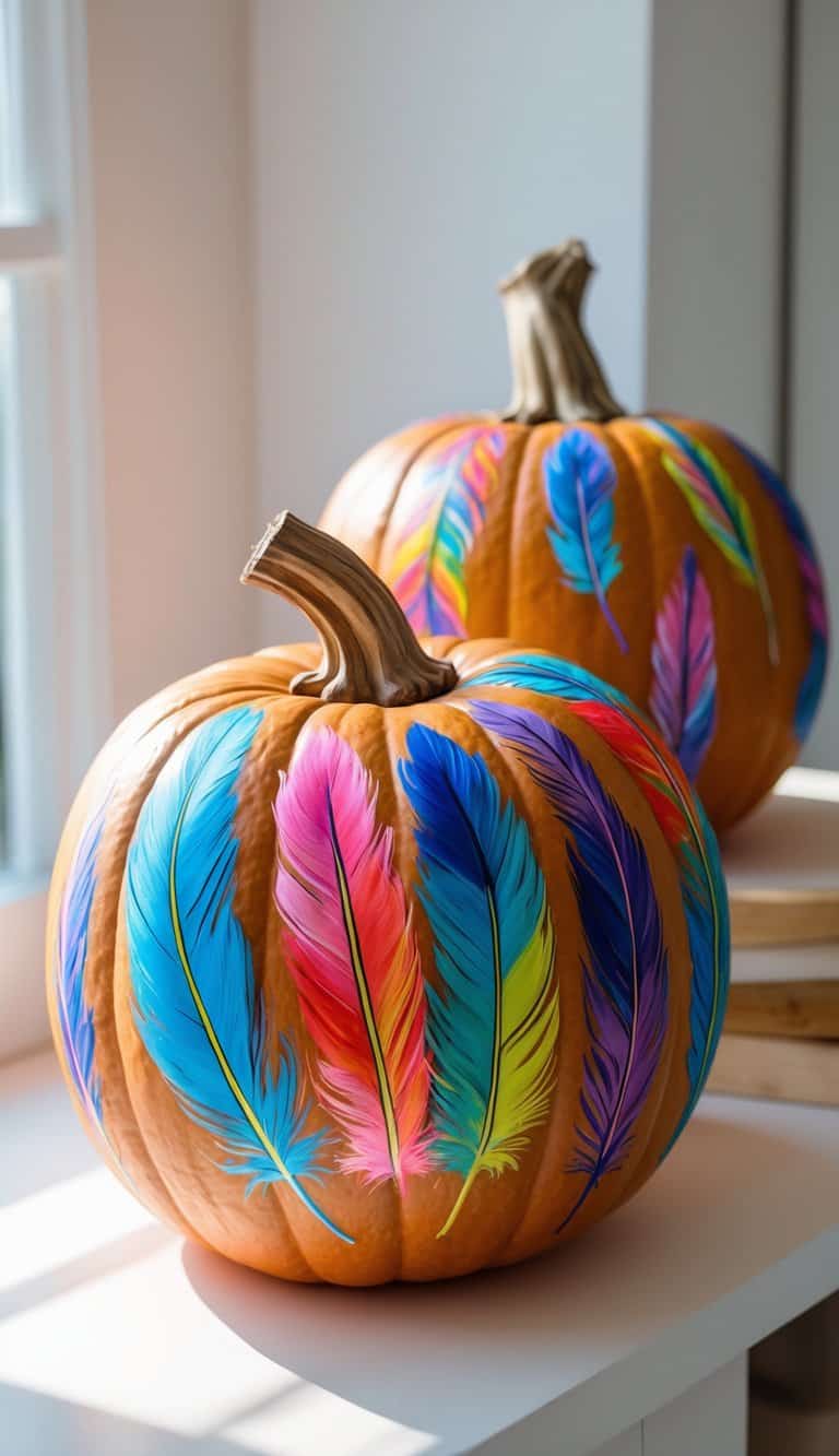 One to two non-carved pumpkins painted with colorful feather designs on a clean tabletop.