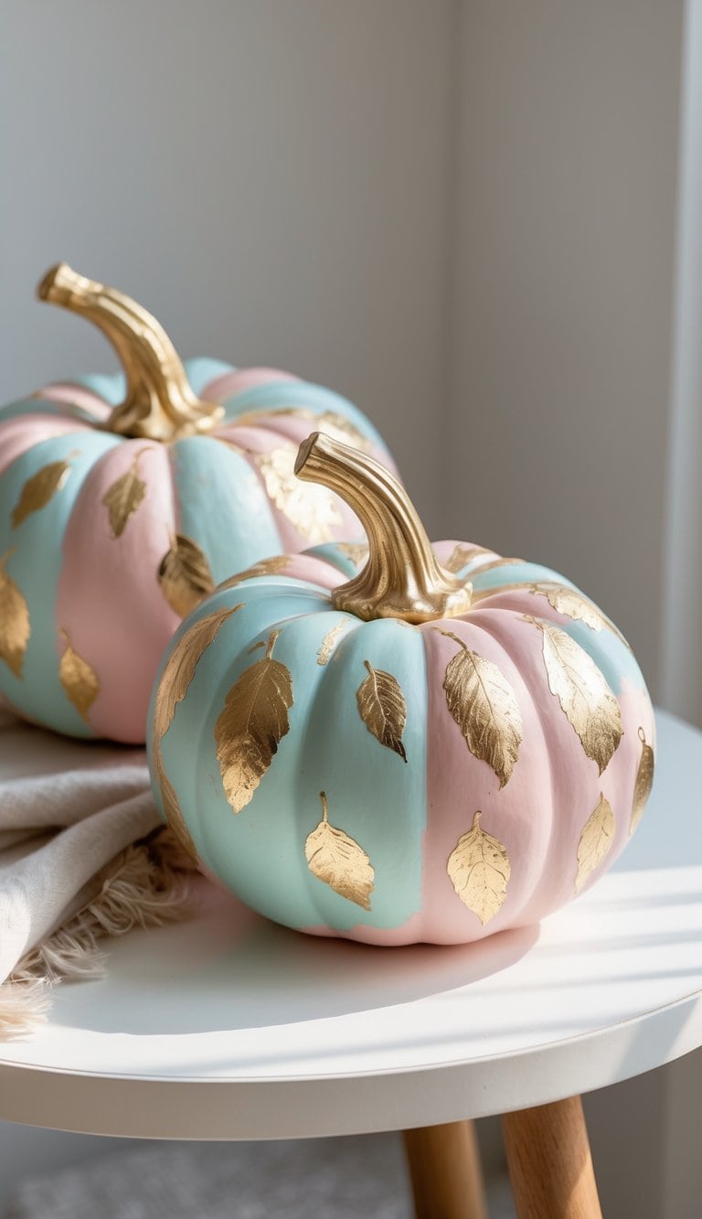 One to two painted pumpkins with pastel colors and gold accents on a clean tabletop.