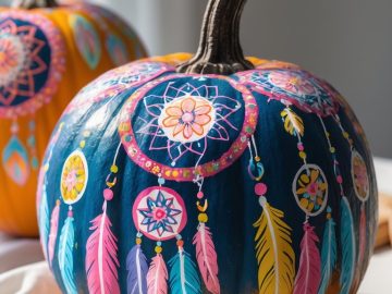 A pumpkin painted with a dark blue top and decorated with colorful dreamcatcher designs and feathers in pink, yellow, and blue. Another similarly decorated pumpkin is in the background.