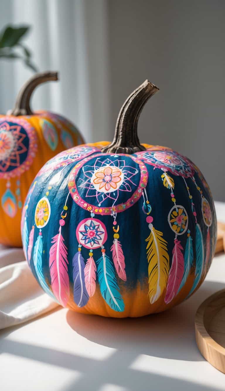 Close-up image of one to two pumpkins on a table painted with colorful dreamcatcher designs.