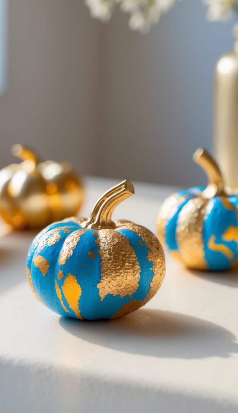 Close-up of one to two small painted pumpkins with gold accents on a tabletop.