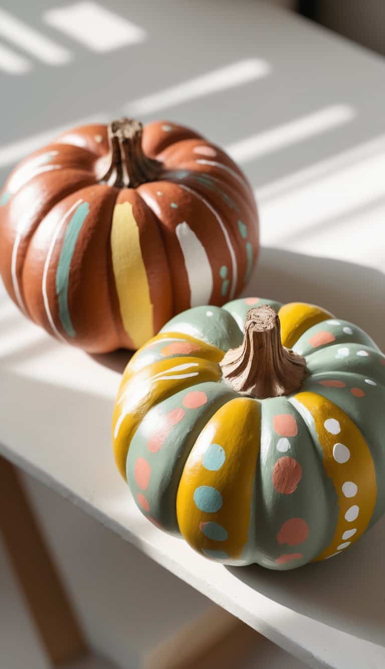 One to two painted pumpkins on a tabletop, featuring colorful hand-painted designs in earthy tones.
