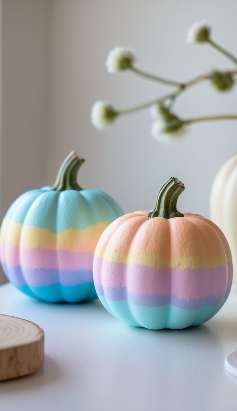 One to two small painted pumpkins with colorful pastel gradients on a clean tabletop.
