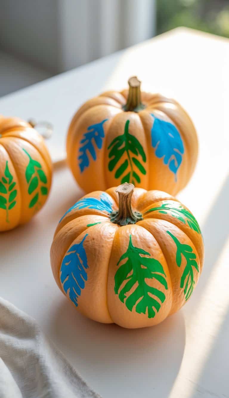 One to two small painted pumpkins with leaf stencil designs on a clean tabletop under soft daylight.