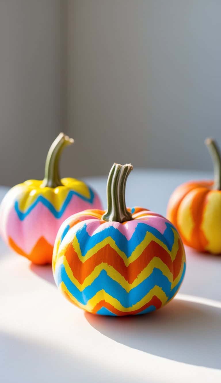 Close-up of one to two small painted pumpkins with colorful chevron patterns on a clean tabletop.