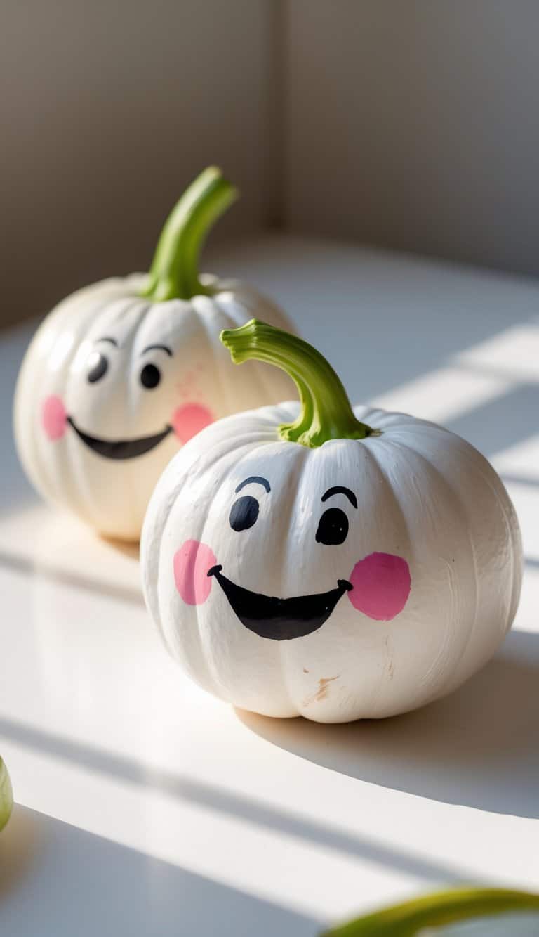 One to two small painted pumpkins with smiling faces and blush cheeks on a tabletop.