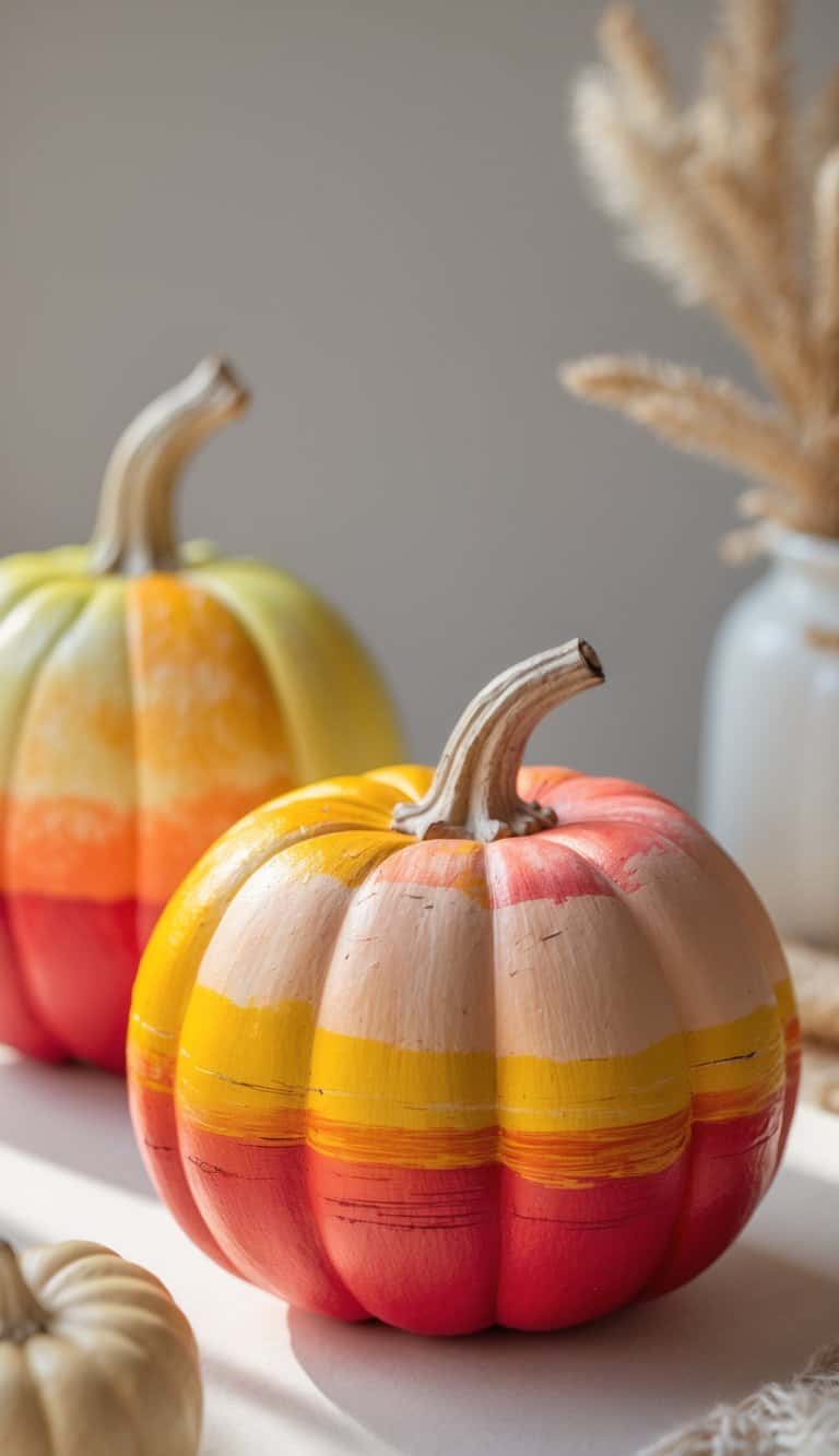 Close-up of one to two pumpkins painted in warm autumn colors with smooth color transitions, placed on a tabletop in natural light.